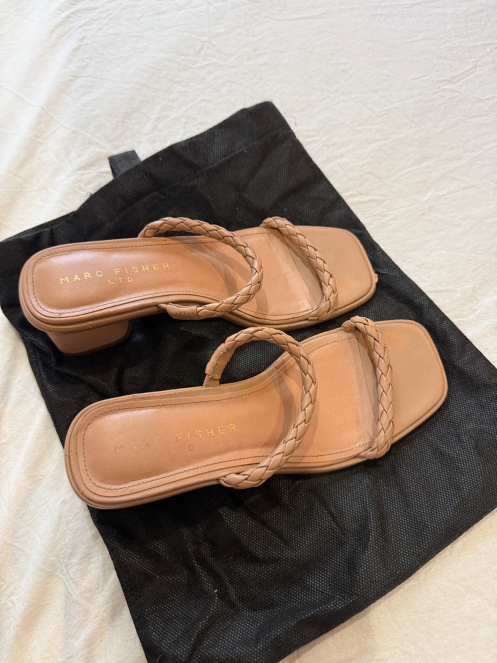 Marc Fisher Braided Strap Tan Block Heel Sandals